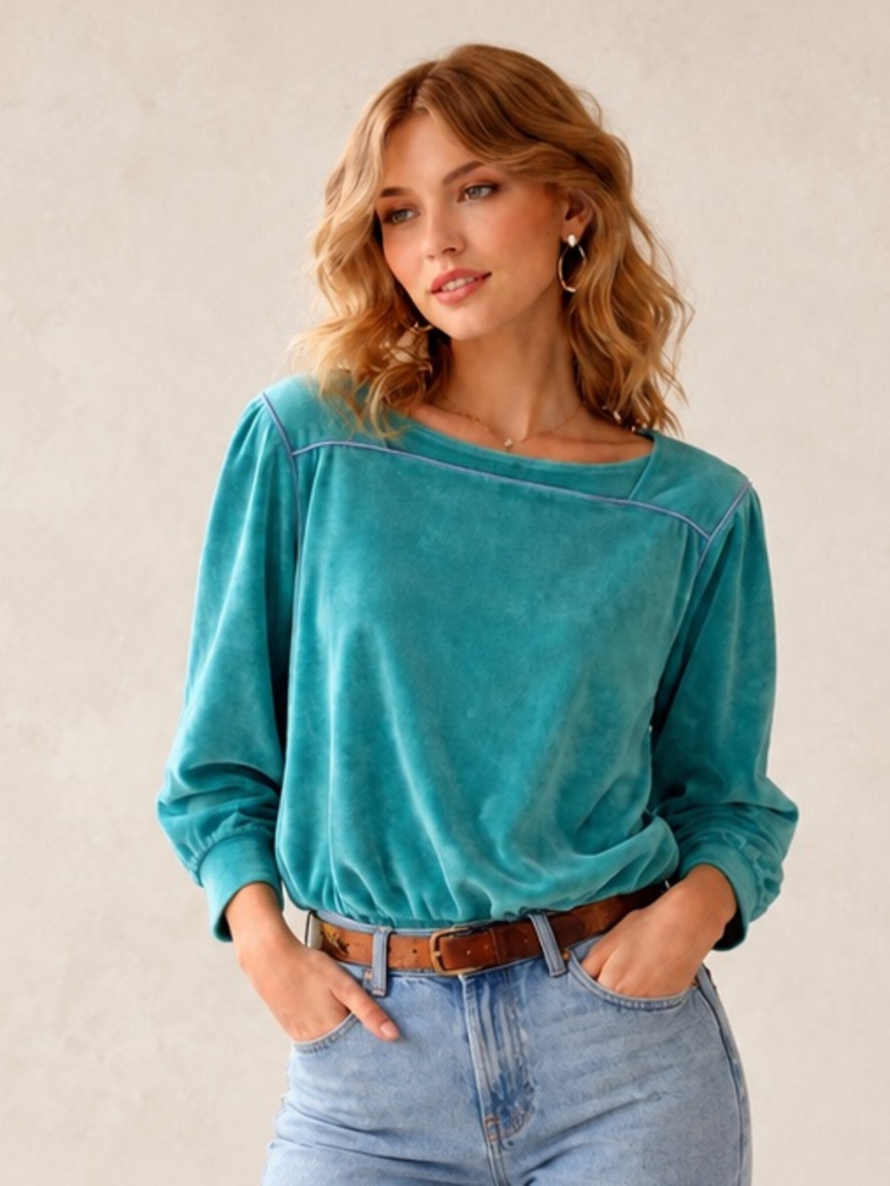 Vintage 70s Aqua Teal Velvet Boat Neck Blouson Top Periwinkle Piped Trim Sz M